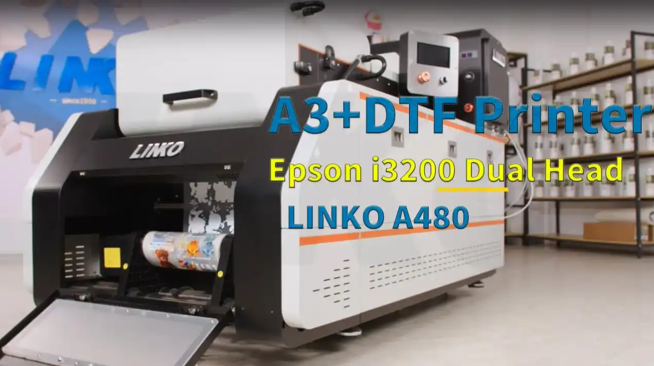 طابعة Linko A480 A3+ الكل في واحد Epson i3200 ذات الرأسين DTF - غطاء فيديو